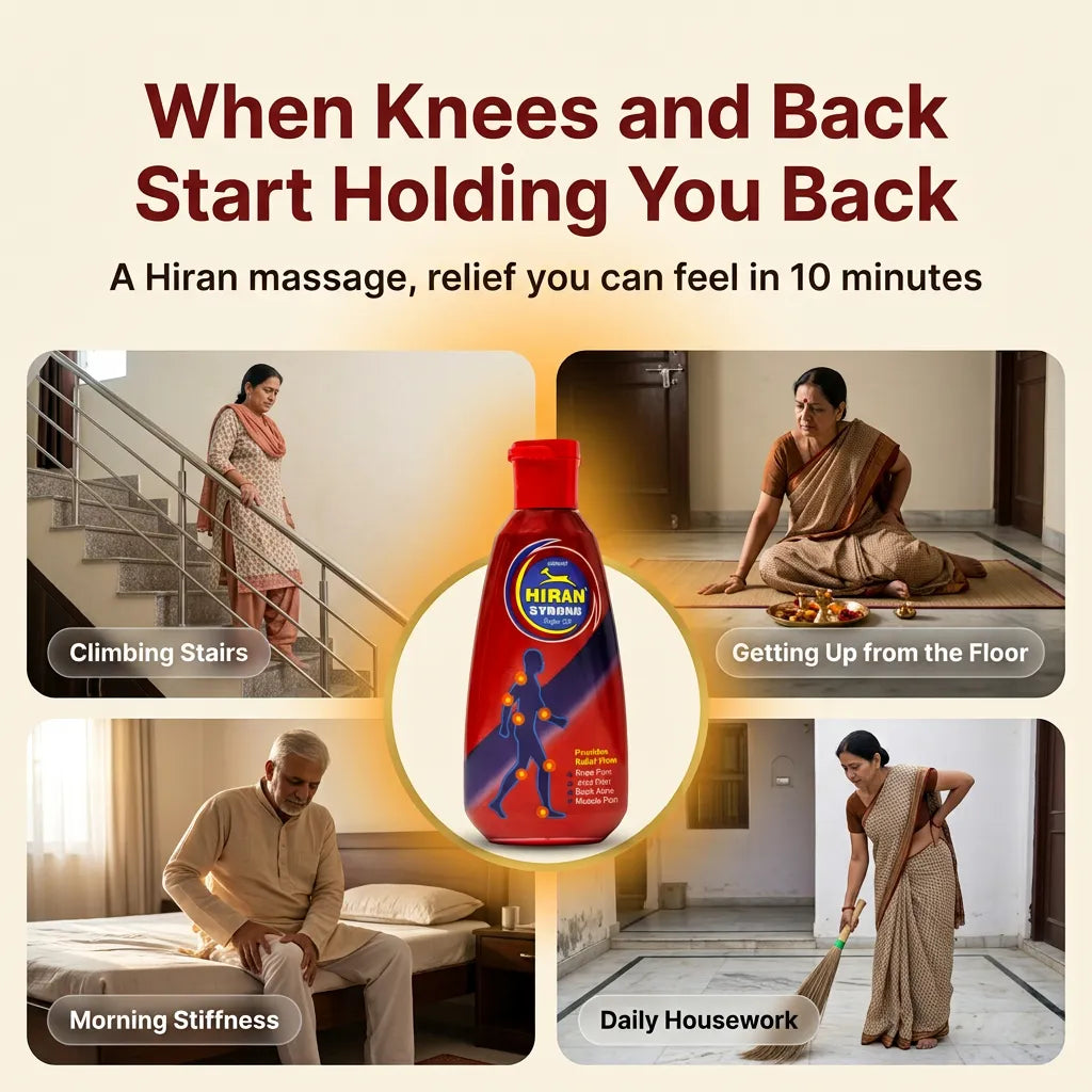 Indian elders with knee and back pain while climbing stairs, getting up from the floor, morning stiffness and housework, with Hiran Pain Oil