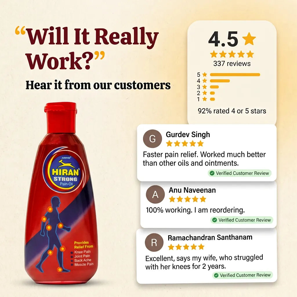 Hiran Pain Oil customer reviews, 4.5 star rating from 337 reviews with 92 percent rating it 4 or 5 stars