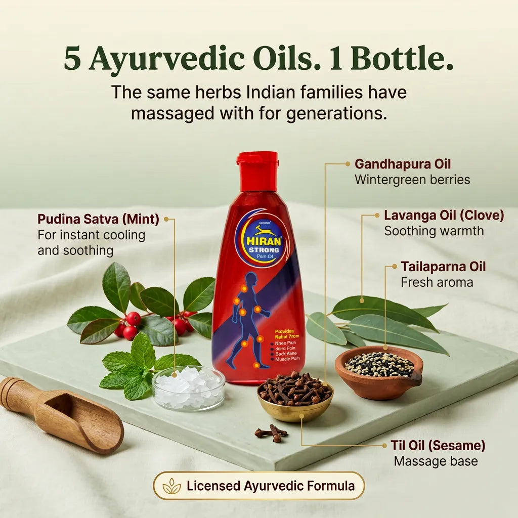 Hiran Pain Oil ingredients: Gandhapura, Pudina Satva mint, Lavanga clove, Tailaparna and Til sesame oil in a licensed Ayurvedic formula