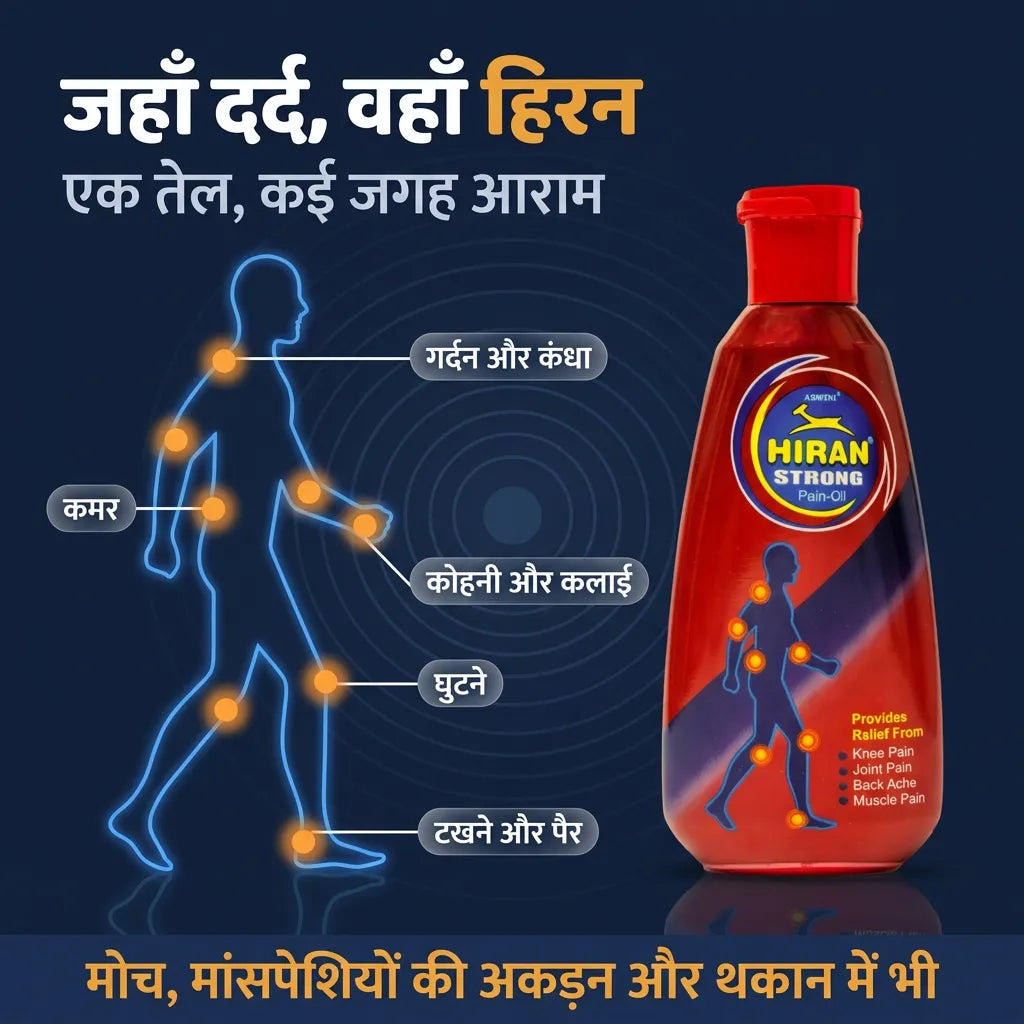 हिरन पेन ऑयल कहाँ लगाएँ: गर्दन और कंधे, कमर, घुटने, कोहनी और कलाई, टखने और पैर, मोच और मांसपेशियों की अकड़न में भी