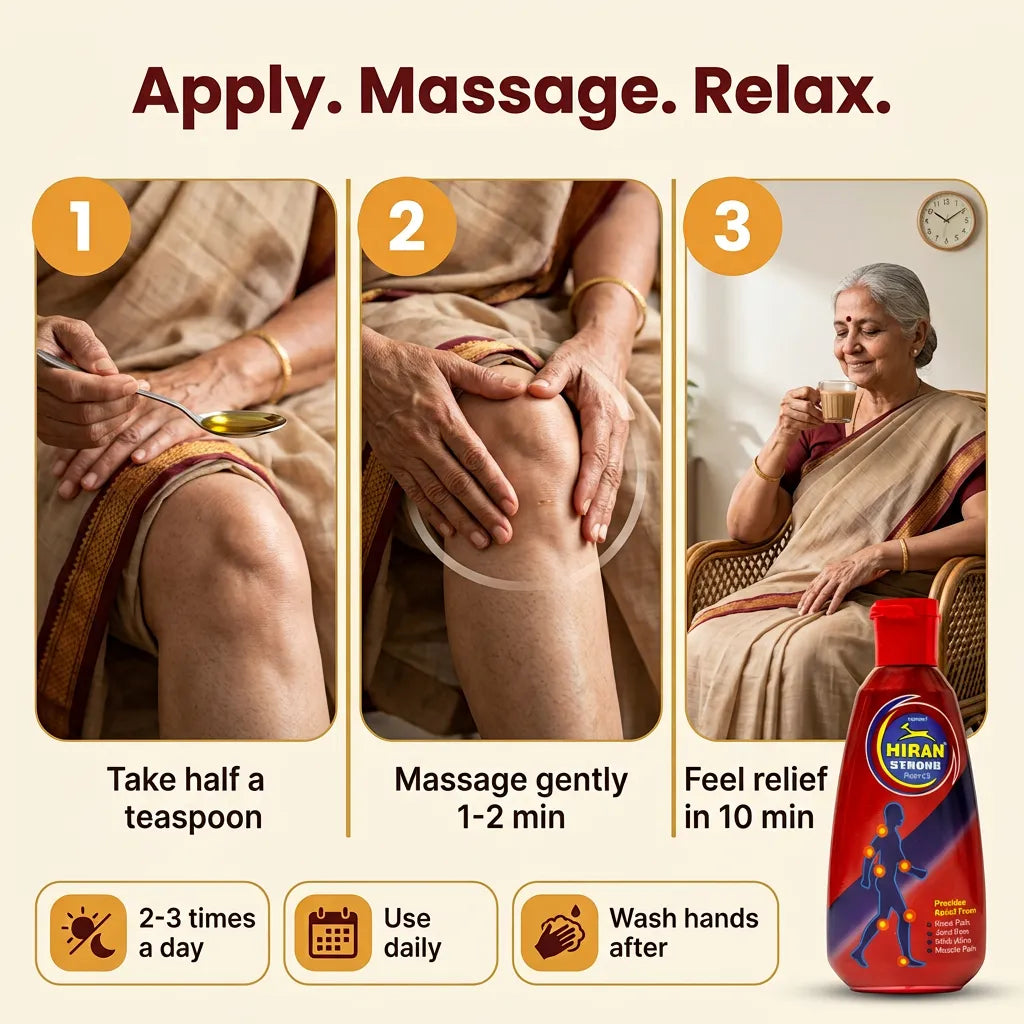How to use Hiran Pain Oil: take half a teaspoon, massage gently for 1 to 2 minutes, feel relief in 10 minutes, use 2 to 3 times a day