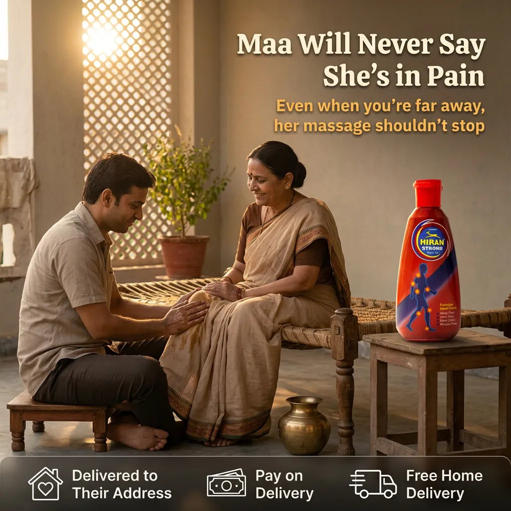 Son massaging his mother's knee with Hiran Pain Oil, delivered to parents' address with pay on delivery and free home delivery