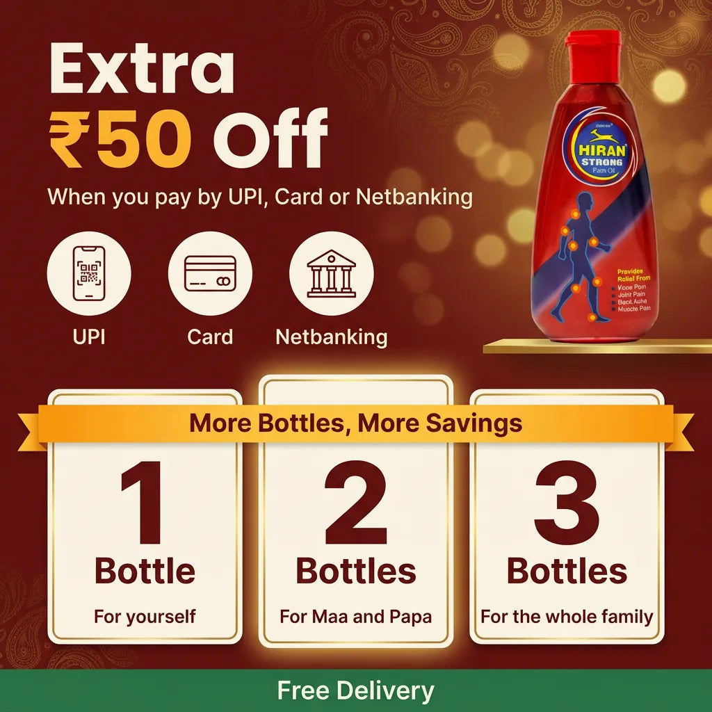 Hiran Pain Oil offer: extra Rs 50 off on UPI, card or netbanking, available in 1, 2 and 3 bottle packs with free delivery and cash on delivery