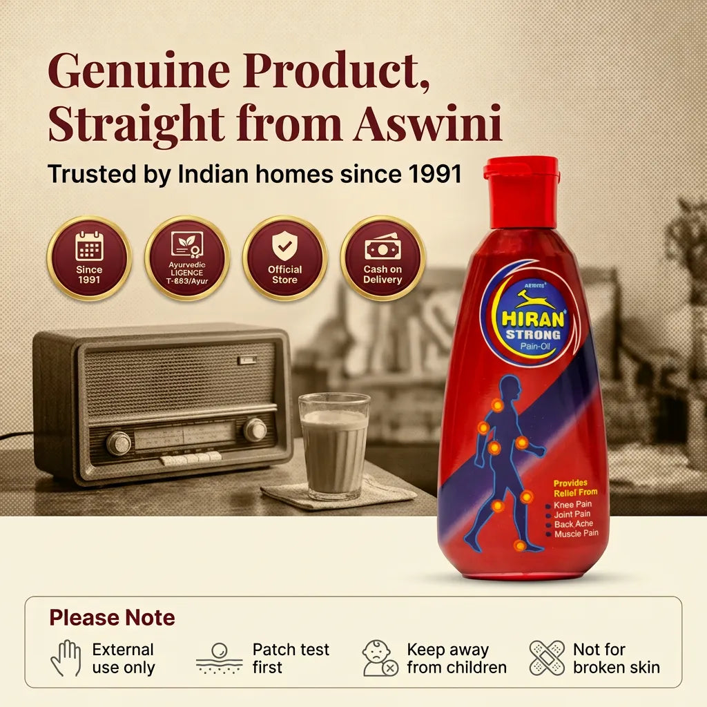 Genuine Hiran Pain Oil from Aswini, trusted since 1991, Ayurvedic licence T-683/Ayur, for external use only with safety notes